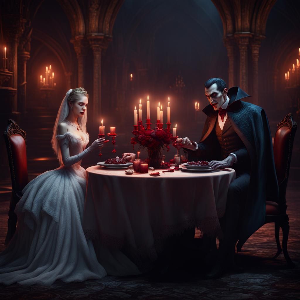 Dracula and his vampire bride having a candlelit dinner  by @Keely Chow