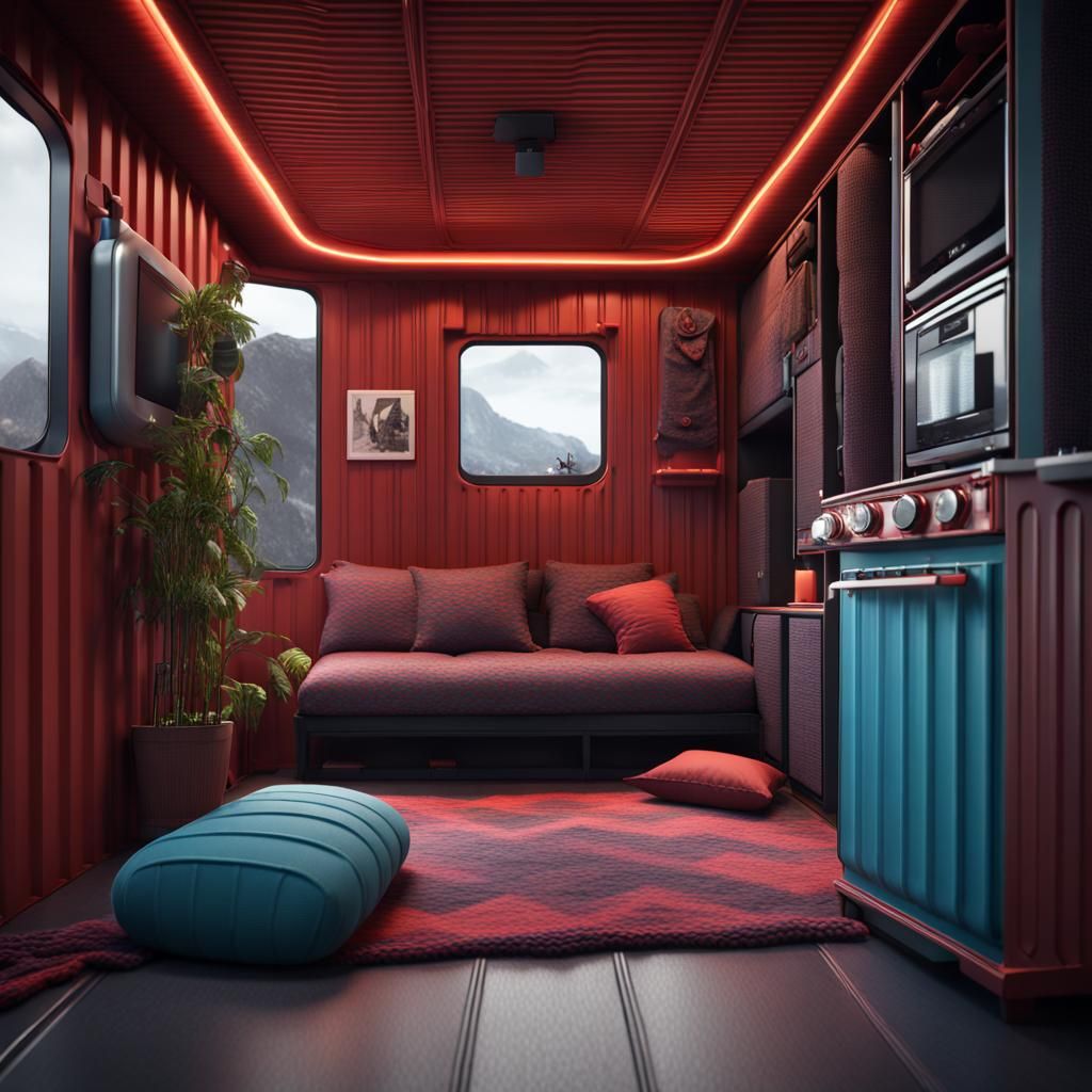 inside lf a container home made of entirely knitted furnitur...