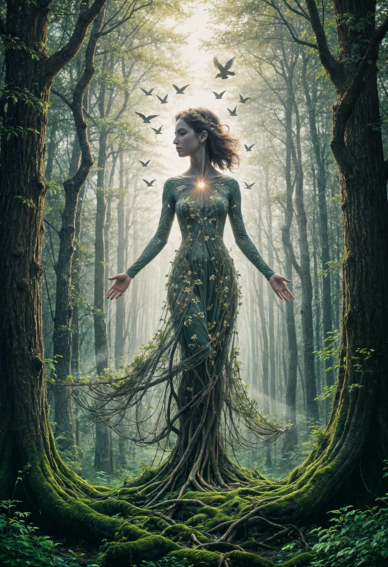 A serene feminine embodiment of Mother Earth emerges from sp...