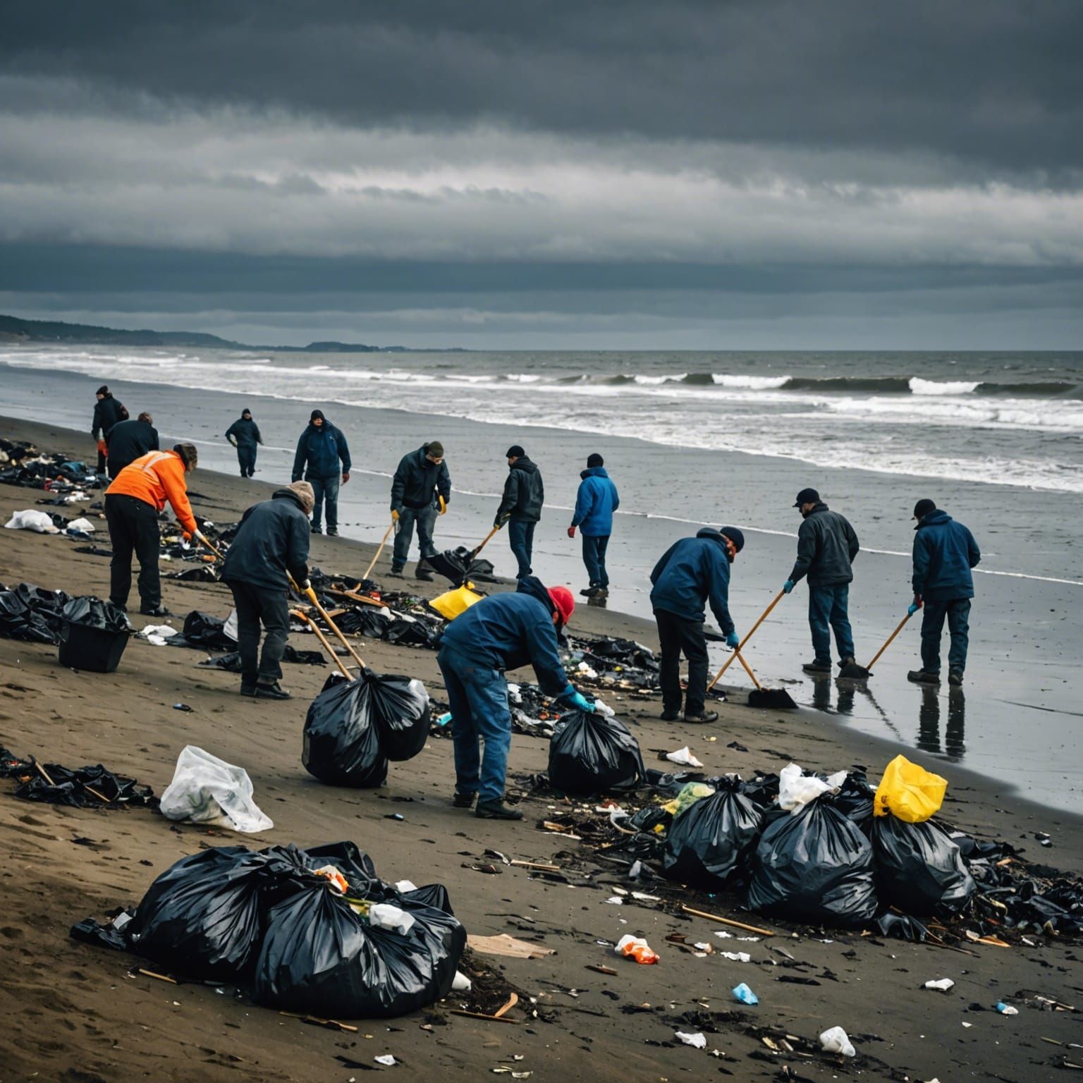 All People Working Together Cleaning The Ocean Shores Picking Up 