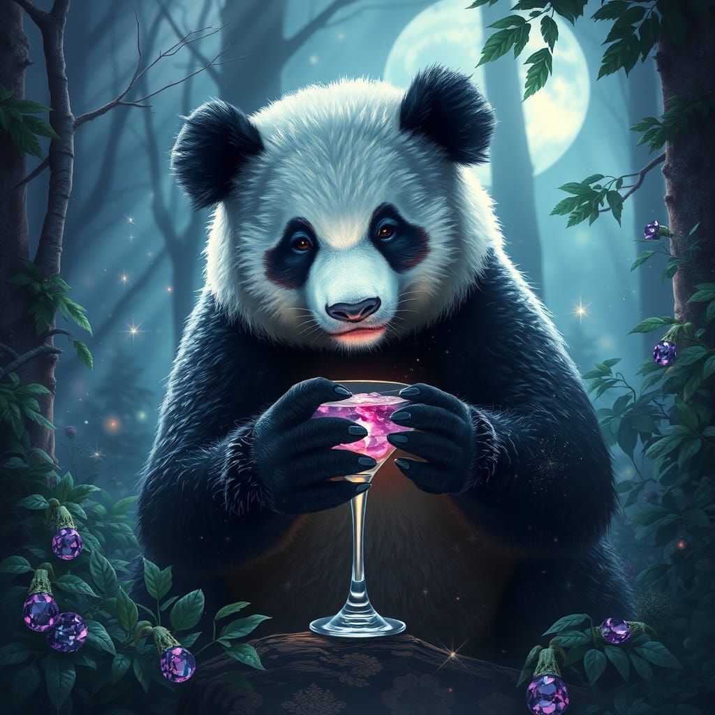 Panda in Mystical Forest Cradling Cocktail Glass