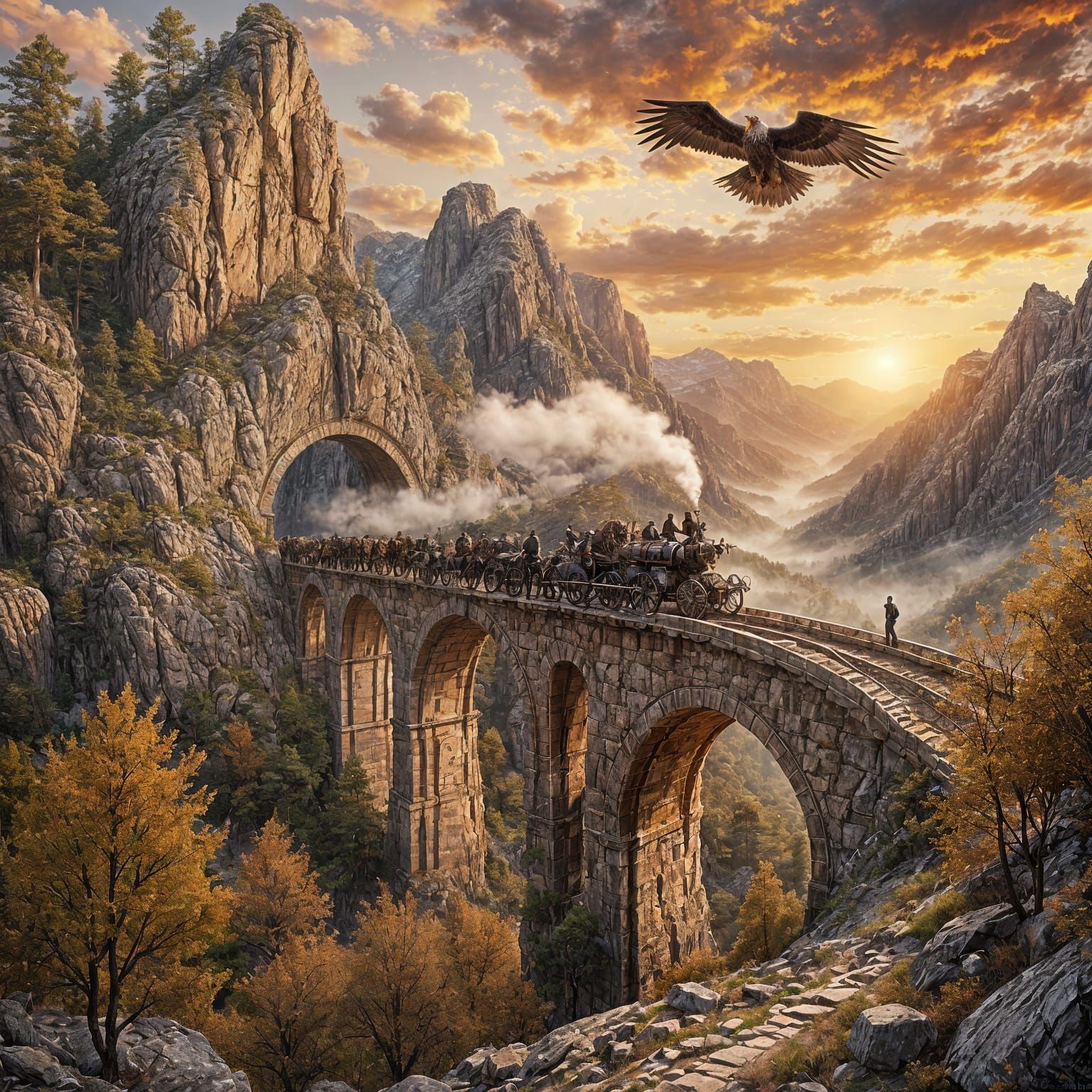 Steam Train Exits Mountain Tunnel in Antique Watercolor Styl...