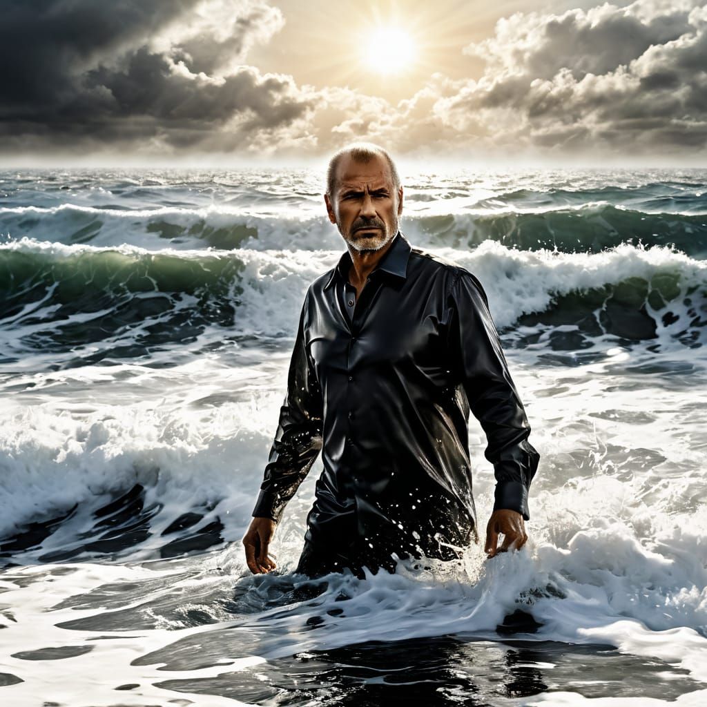 A man  emerges from turbulent ocean waves