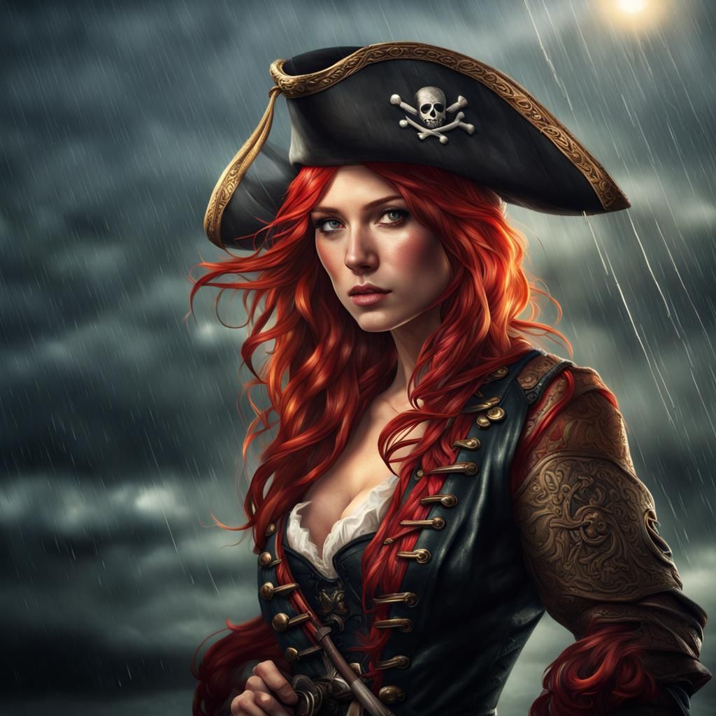 Beautiful pirate woman, red hair, wearing pirate hat, full b...