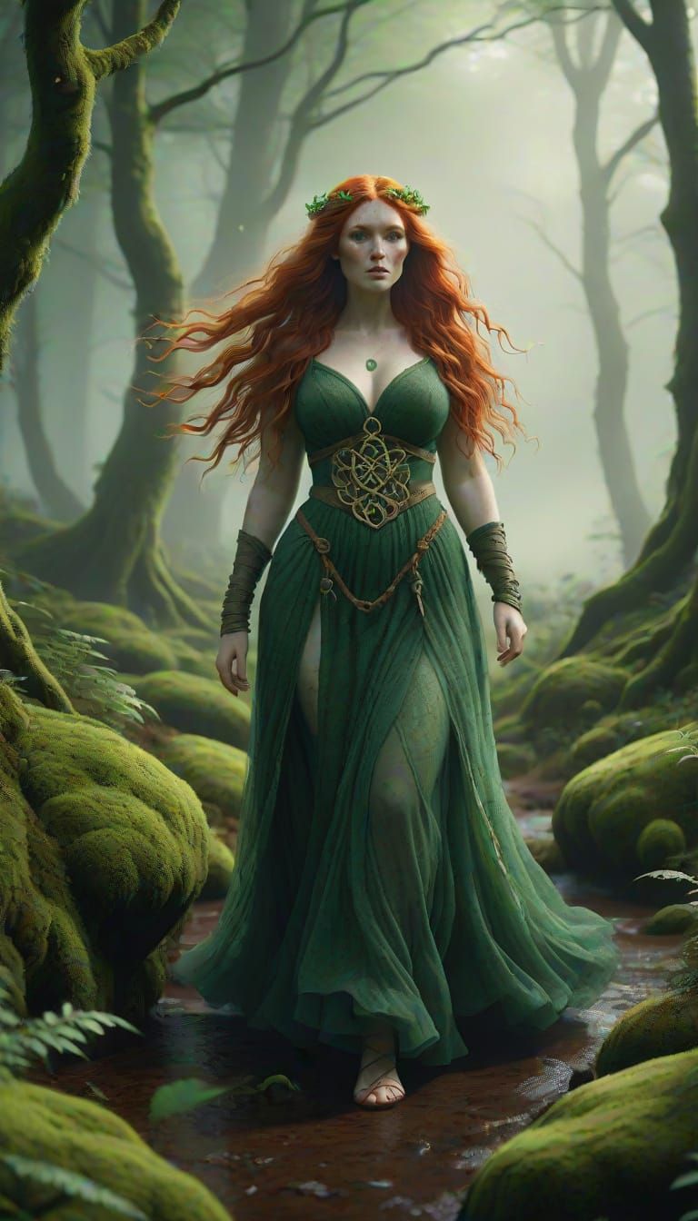 Wide shot from a distance. An ethereal, otherworldly, and beautiful, plus-size Celtic goddess with long flowing red hair and fair freckled s...