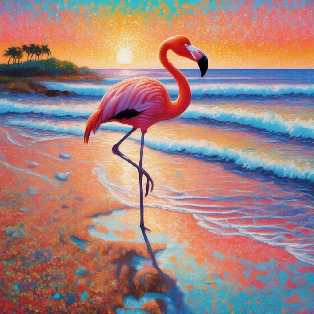 Red Horse on Beach in Neo-Impressionist Style