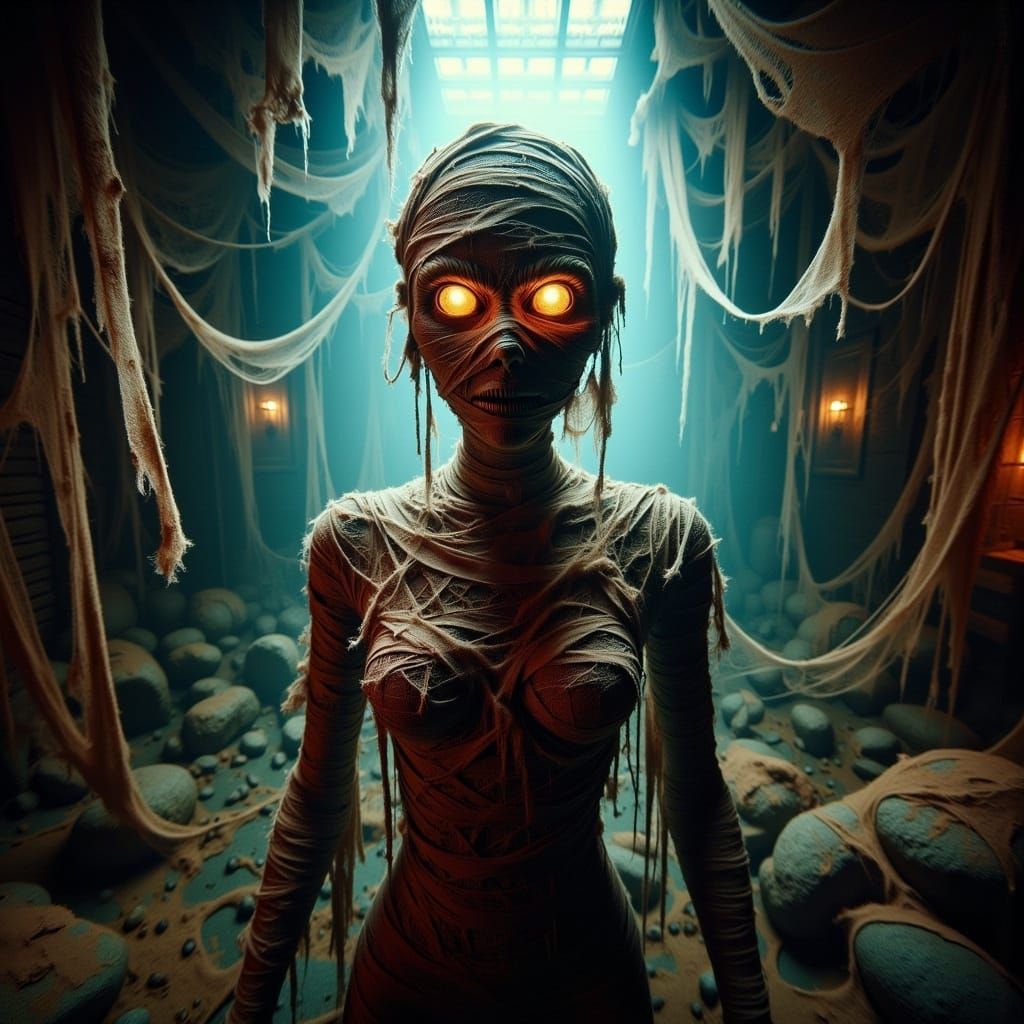 <lora:-The Mummy-:1.0>  Whimsical atmosphere ▪ Enchanted forest setting ▪ Scarecrow figure with glowing eyes and a fabric head ▪ Playful com...