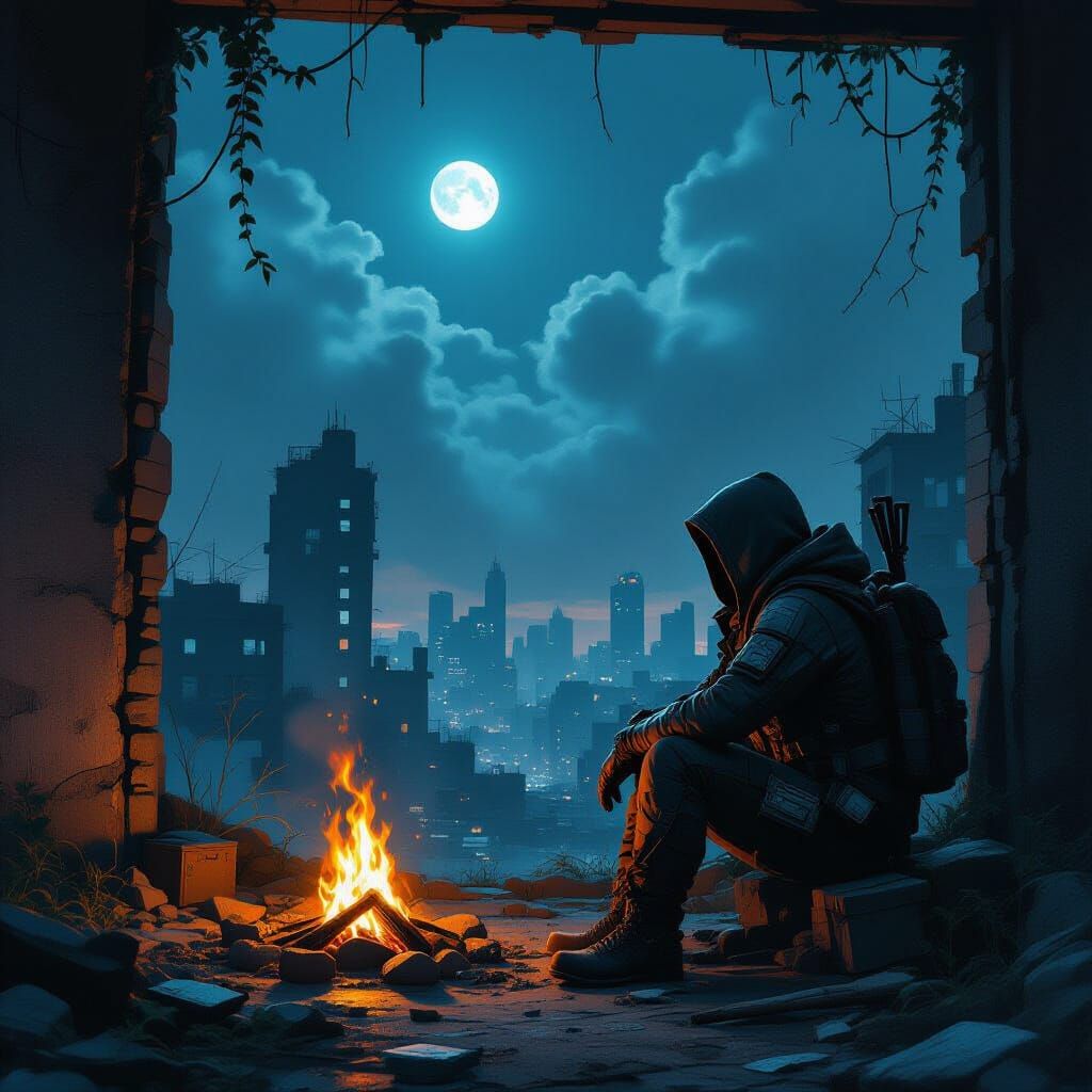 a man dressed in salvaged modern gear, survivalist gear sitting at a camp fire in a post-apocalyptic city. inside a building for shelter wit...