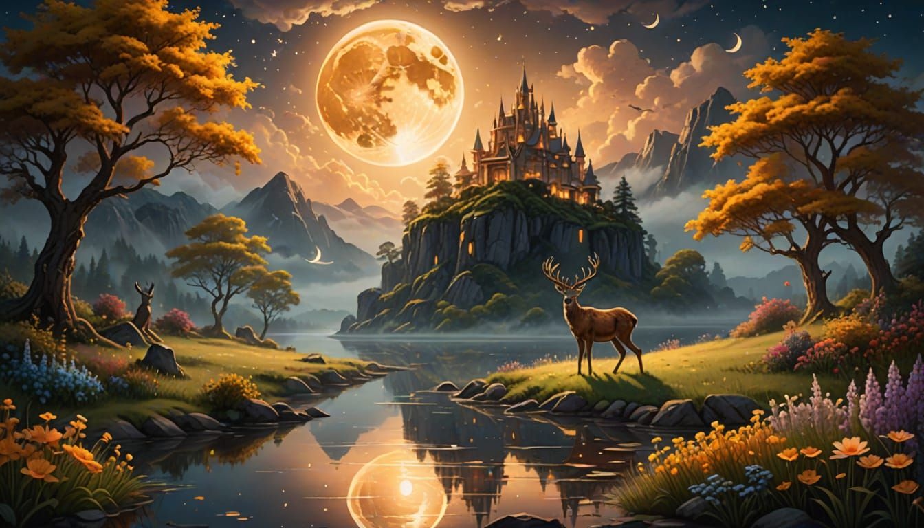 A stunningly cinematic fantasy garden of flowers. Tree. Mystical deer Birds. Fog low on the ground Golden ...  by @The Carlyle