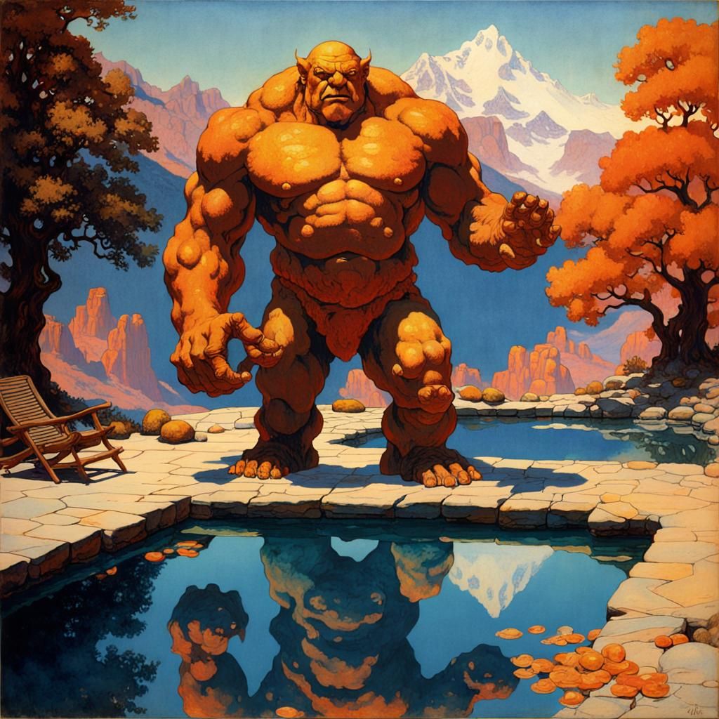 fiery golem augur, beside pool, ephemeral, dye-transfer, sym...