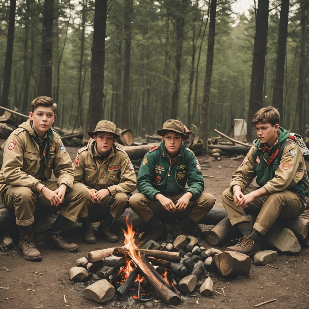 Scouts sitting around a camp fire