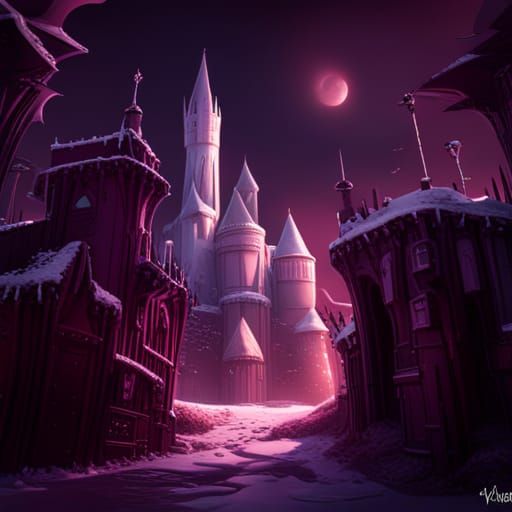 snowy, gothic candy castle under a salt licorice sky
