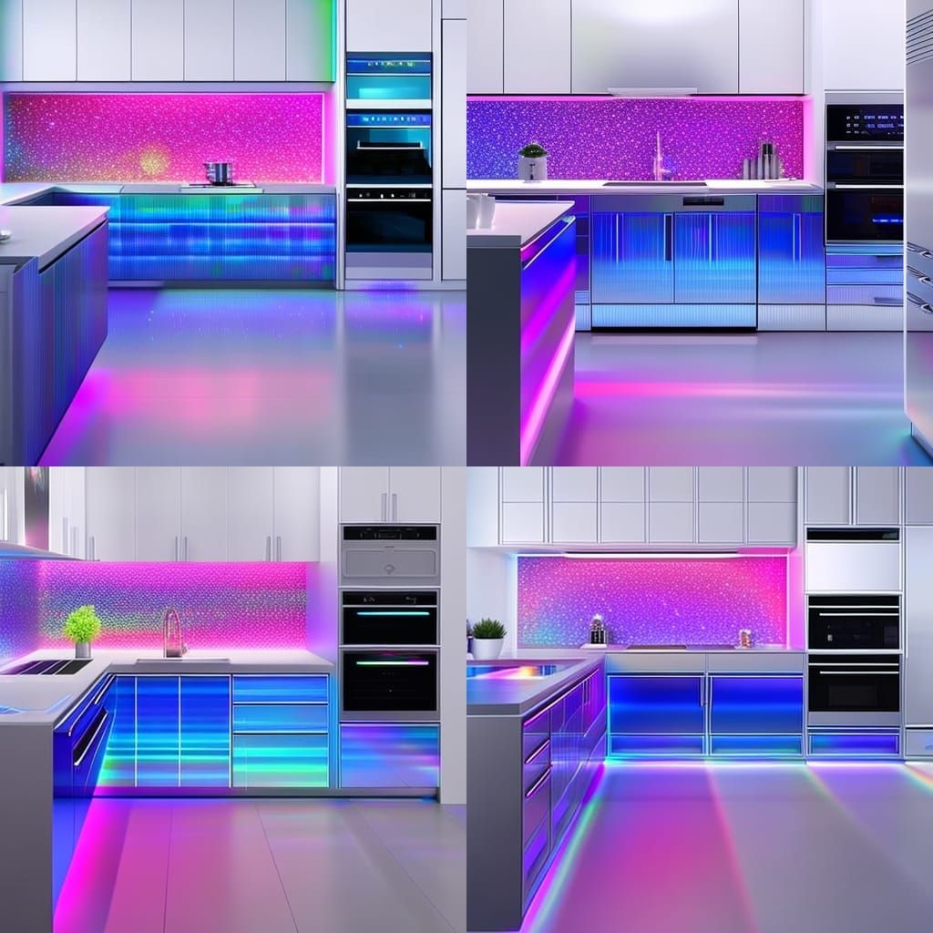 Kitchen with rainbow holographic tiles& blue holographic refrigerator ...