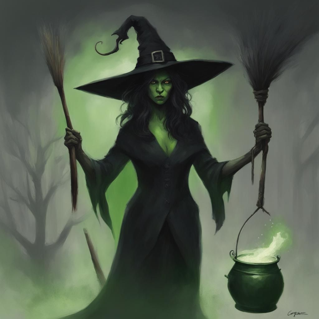 witch, dark, brooding, green  skin, black attire with a caul...
