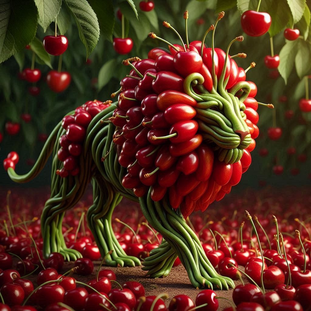 Surreal Cherry lion walking in cherry jungle