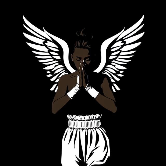 Black female Muay Thai fighter praying with wings on her bac...