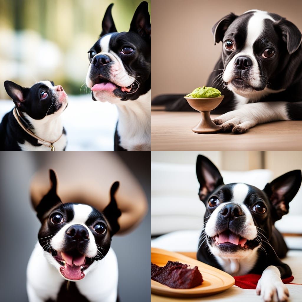 happy Boston terrier looks to a juicy piece of meat