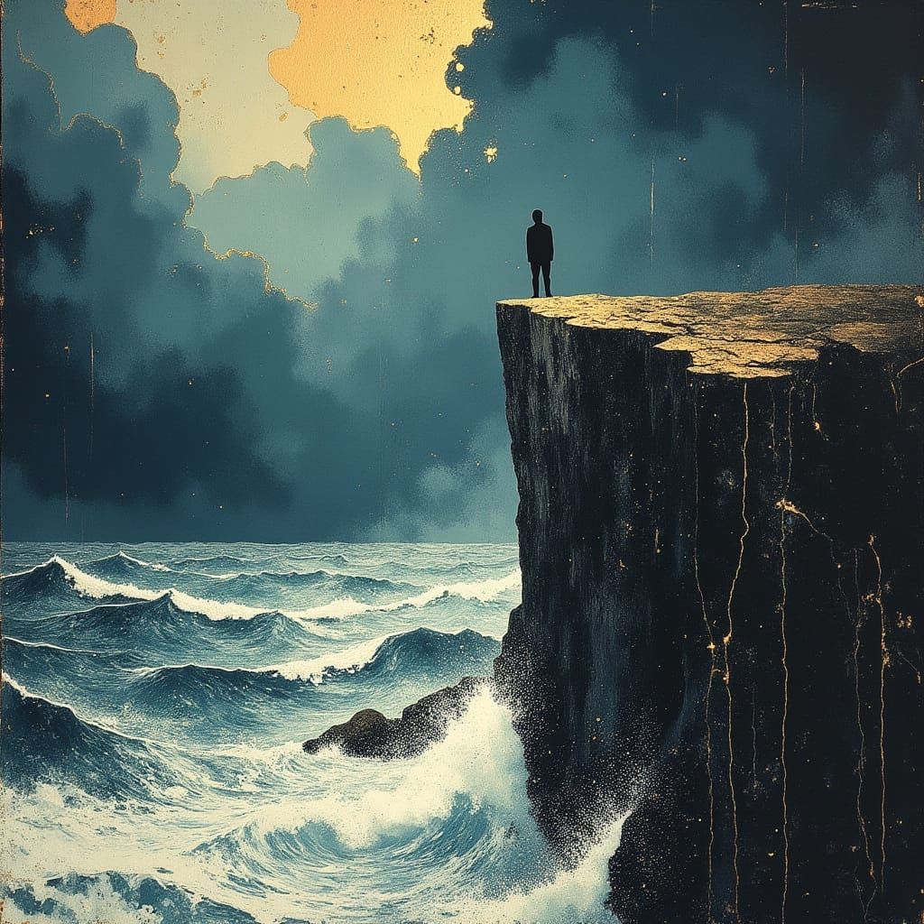 <lora:divineOil:1.0> A lone man stands on a windswept cliff overlooking a turbulent sea, his silhouette stark against a dramatic, stormy sky...