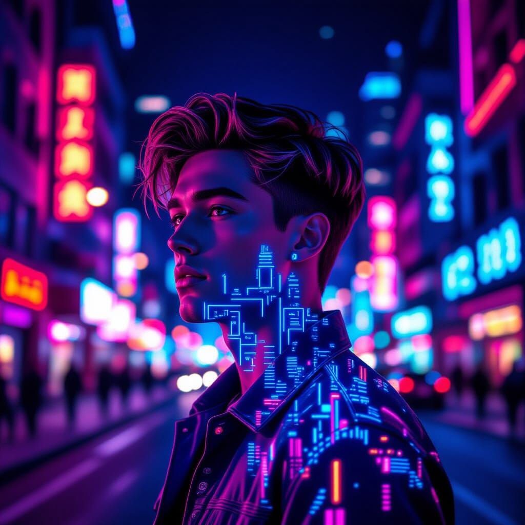 Neon Double Exposure of Man with Cityscape