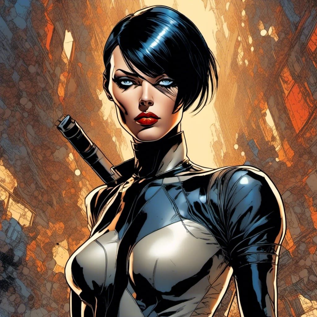 comic book style; back lit, Aeon Flux with beautiful lips, highly detailed HDR eyes, colored, dynamic background, full body view action pose...