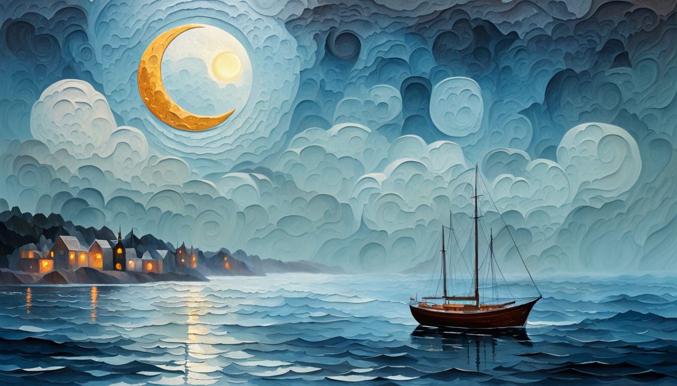 An image rendered in cubist Impasto style of the moon over a misty sea, beautiful composition