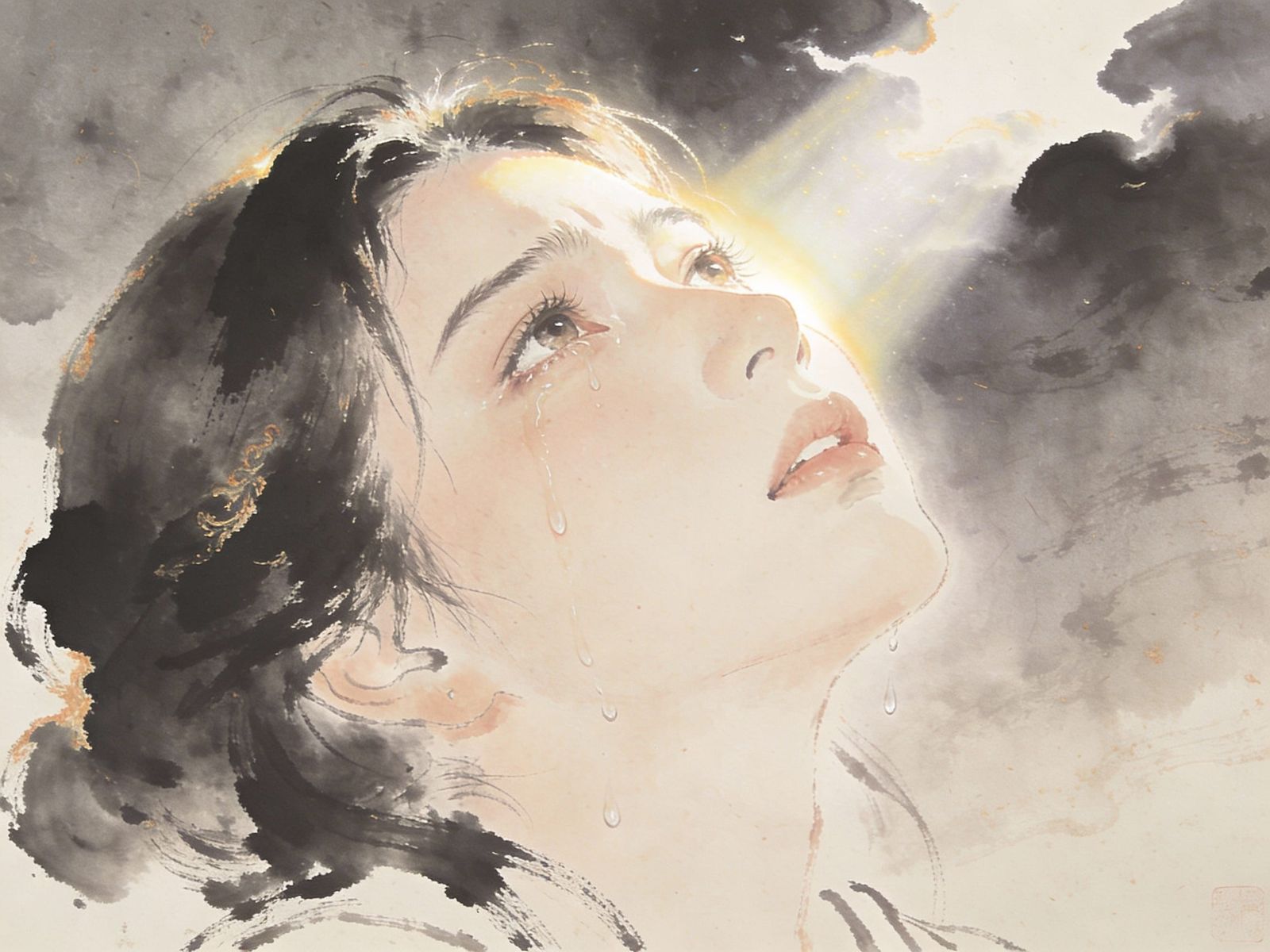 Sorrowful Woman Crying Under Light Halo Ink Illustration