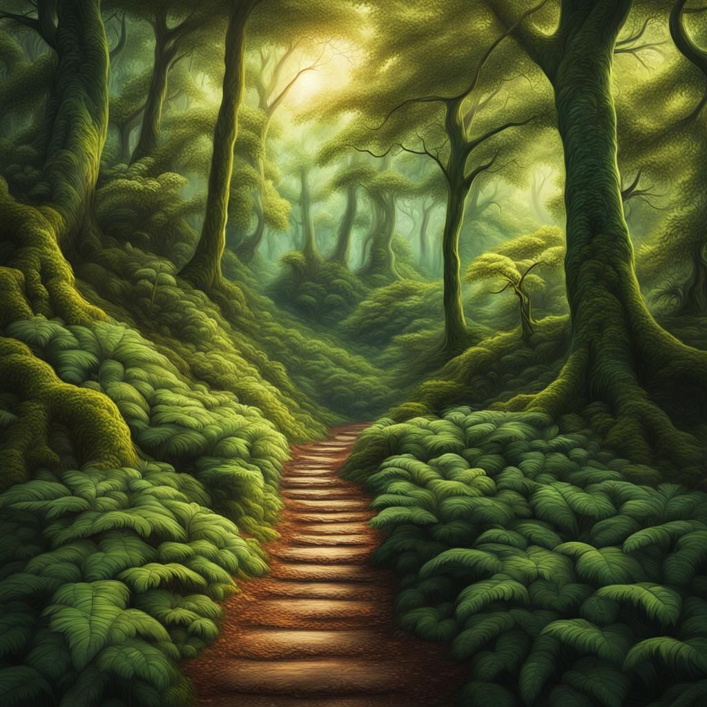 Serene beautiful lush forest with a path winding into the woods 