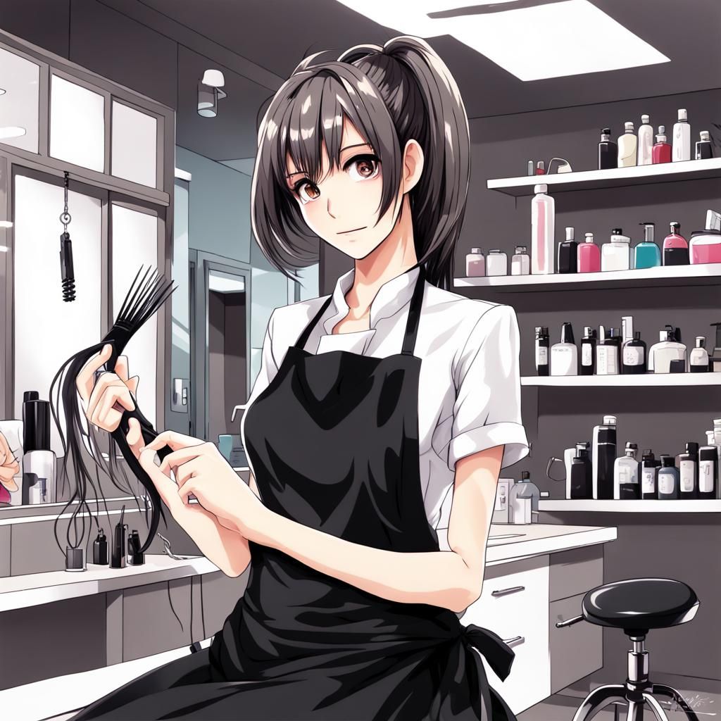 modern female hairdresser with black apron in her hairsalon