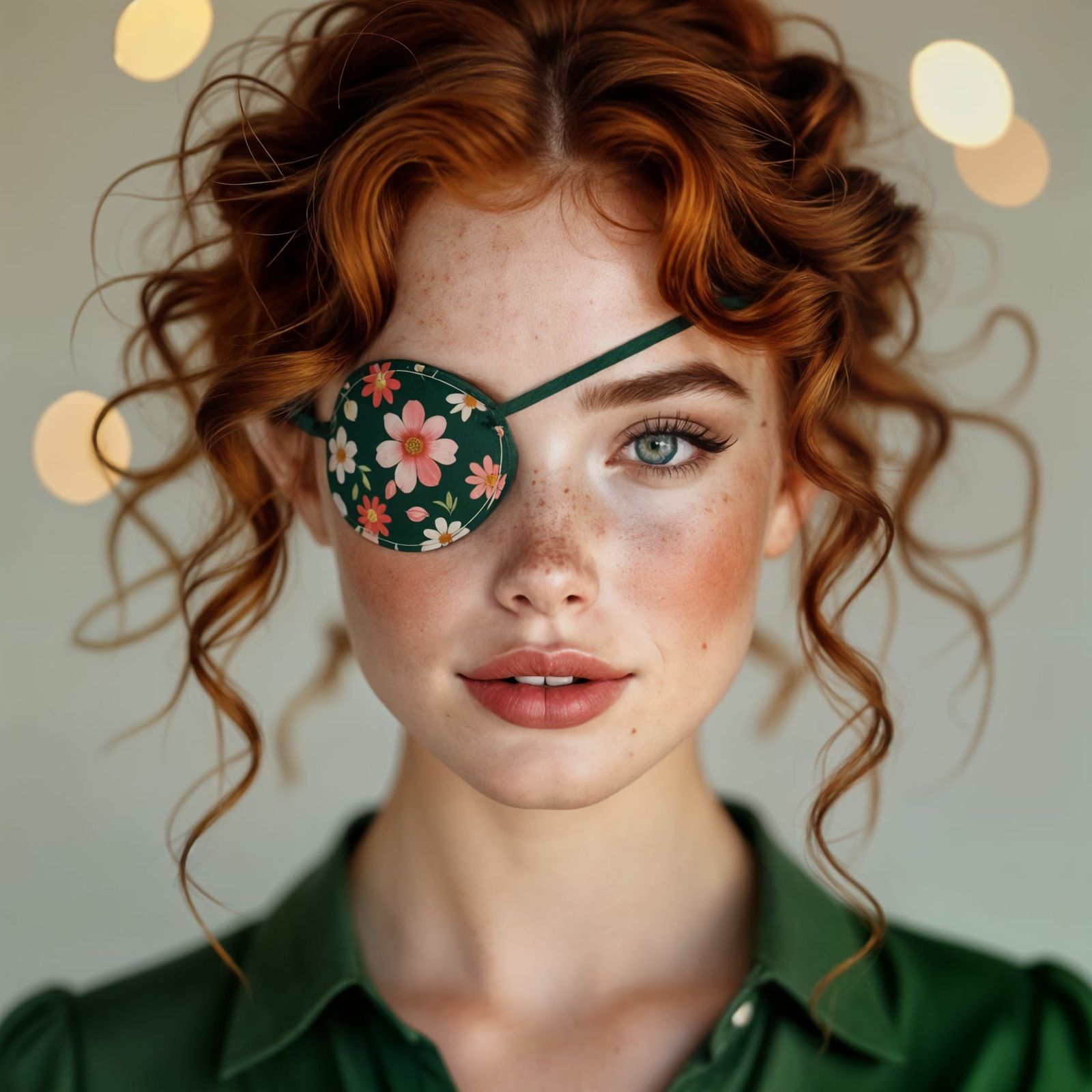 Photo portrait of a beautiful young woman with auburn red hair, freckles and a flower pattern eyepatch  by @Fokje