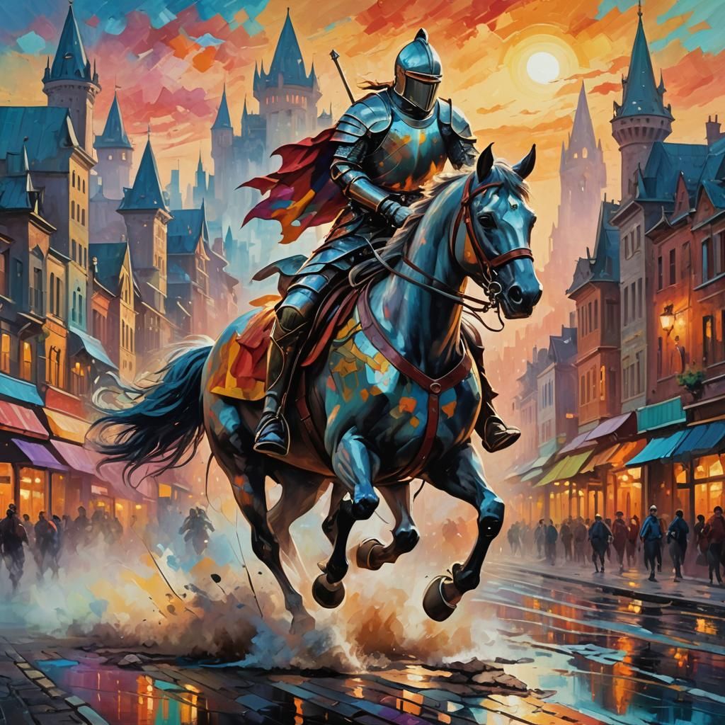 Knight on horseback racing through a vibrant, colorful citys...