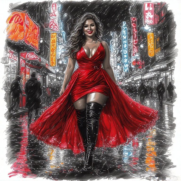 A stylish, plus-size woman with a confident smile, wearing a vibrant red evening gown and sleek black leather thigh-high...