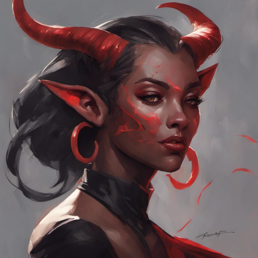 dark fantasy tiefling dancer, black dress, red skin, woman, headshot ...