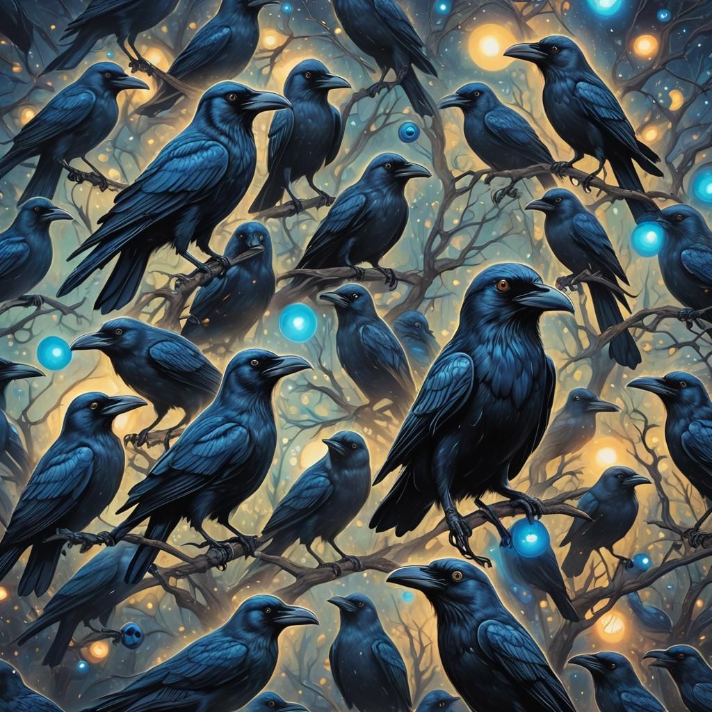 Crows with glowing blue eyeballs in their mouths"