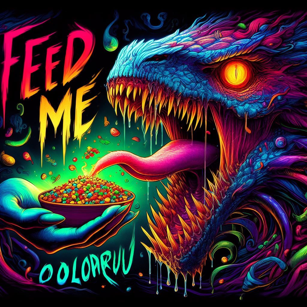 FEED ME, dark fantasy, colourful