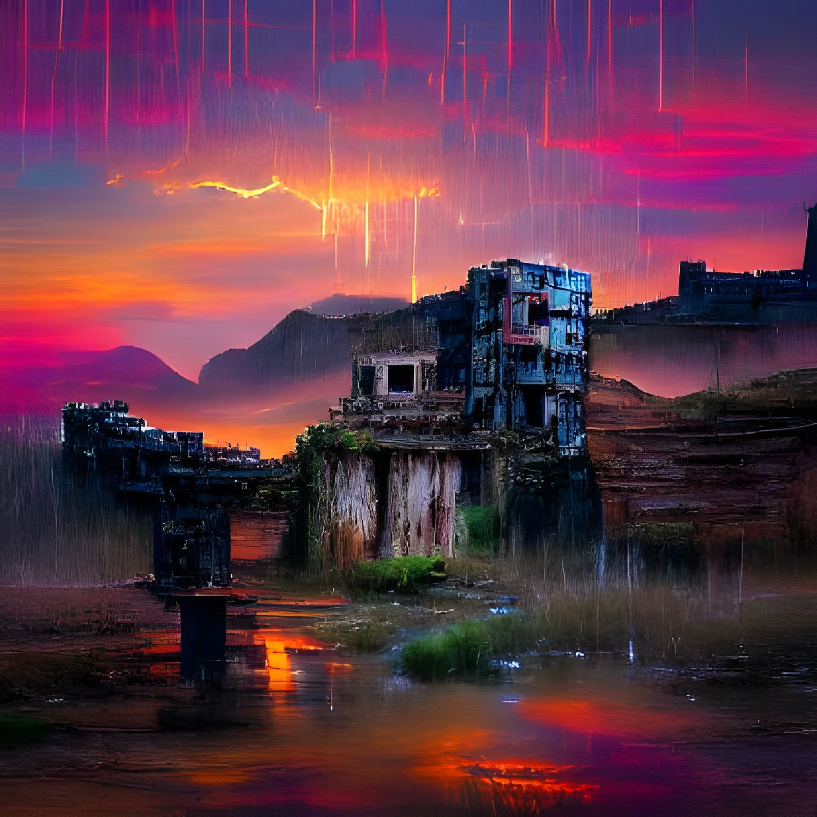 Ancient cyberpunk ruins, landscape, sunset raining