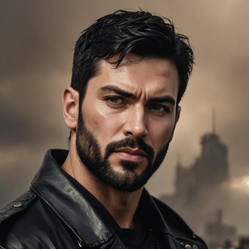 A handsome man with BLACK hair, beard, leather jacket