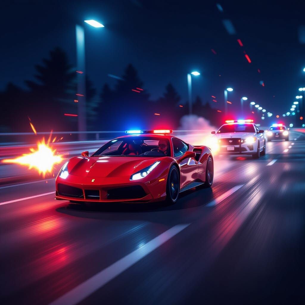High-Speed Night Chase: Ferrari Evades Police