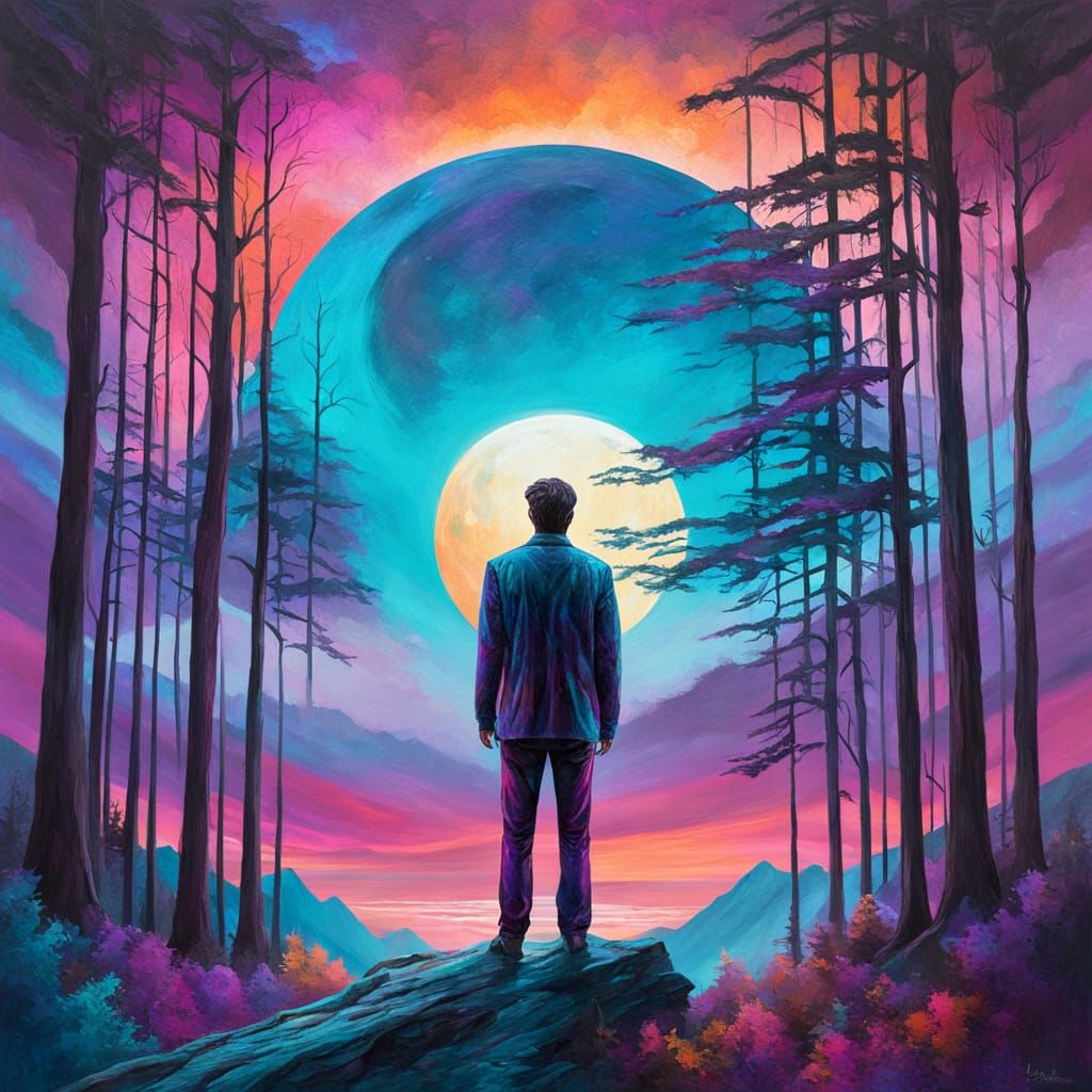 Surreal Man Shimmers in Galactic Sunset Hues