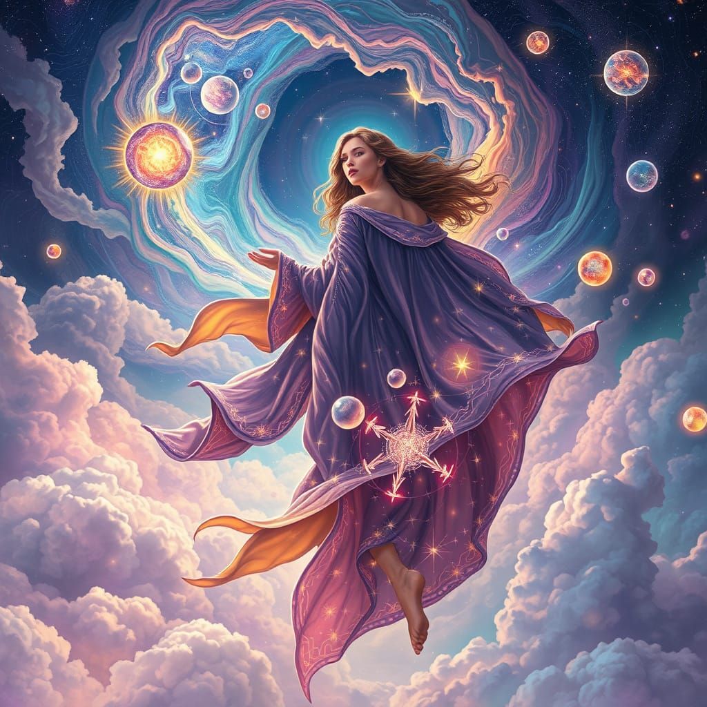 Cosmic Woman in Starry Cloak, Holographic Mixed Media Illust...