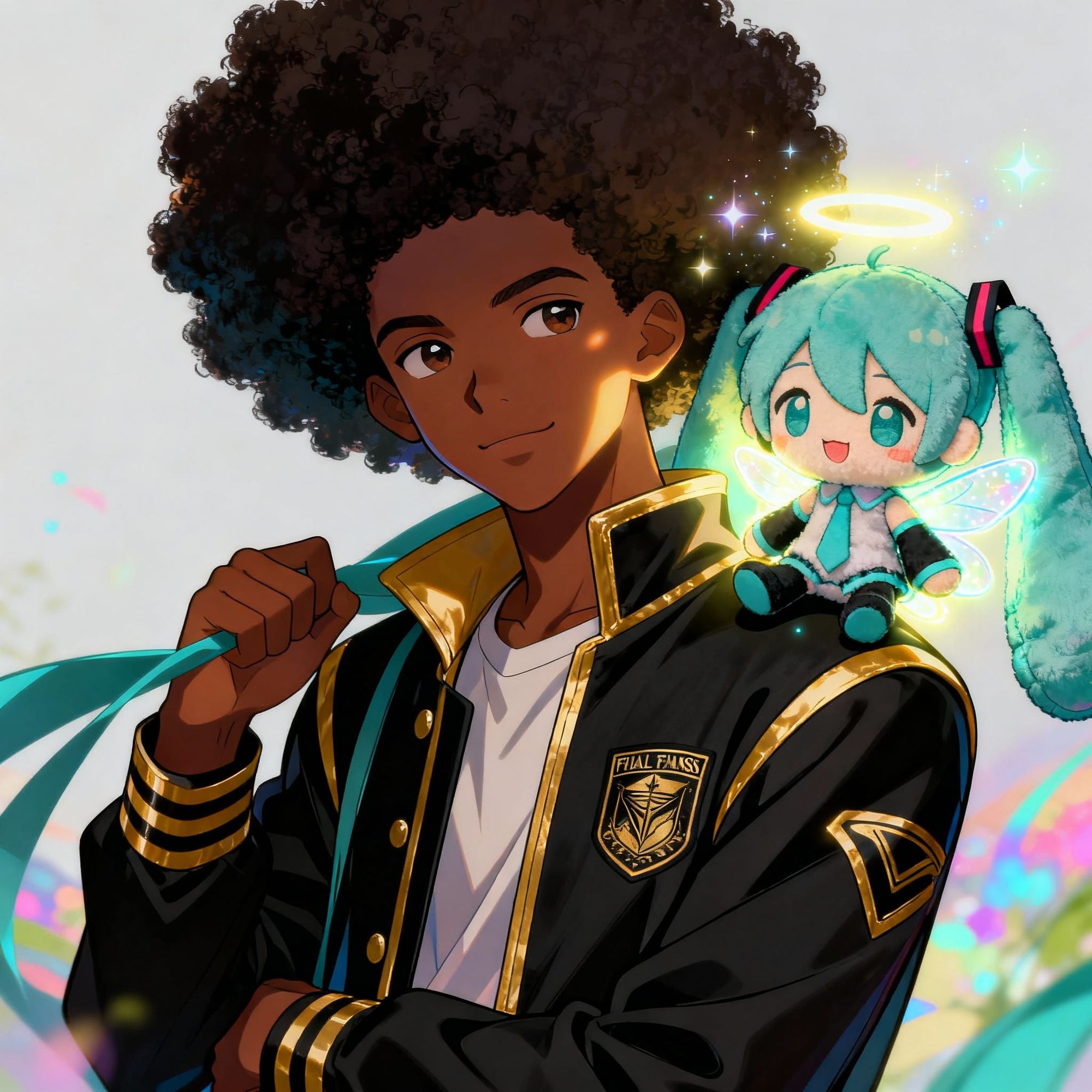 African American college boy with afro with Chibi Hatsune Miku fairy plushie sitting on shoulder wearing black and gold final fantasy 8 atti...