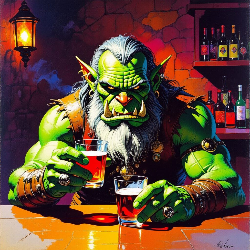1970s paperback fantasy, orc bartender