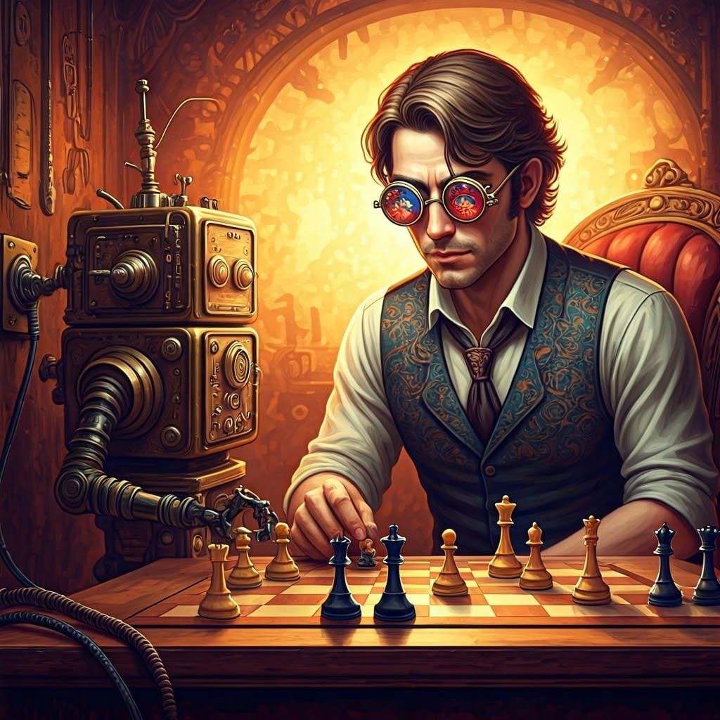 a man in retro-futuristic clothes with a slit to the navel, and strange glasses at a chessboard plays ...  by @Schoor