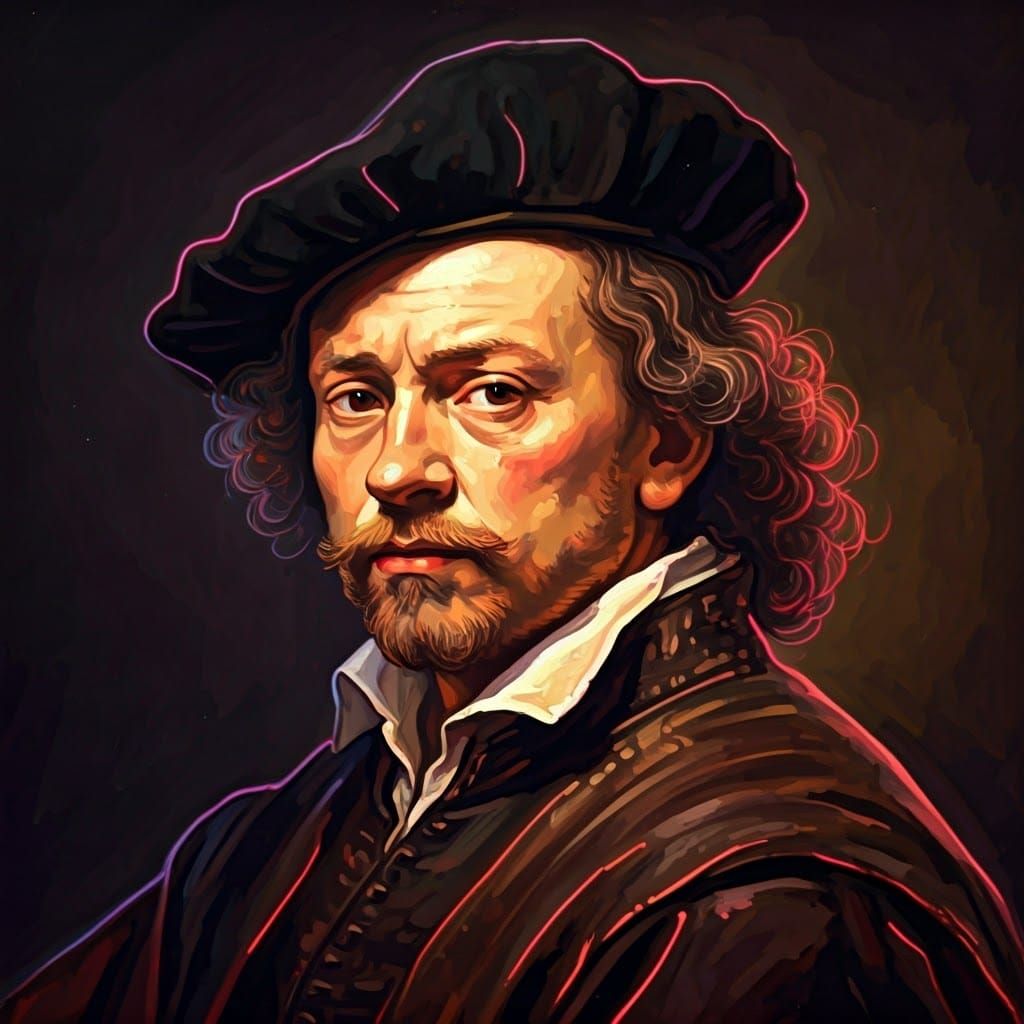 Self-portrait Historical Rembrandt van Rijn, Heavy Gouache, Neon Glowing Lines, Y2K 
Retrofuturism   by @betsy 