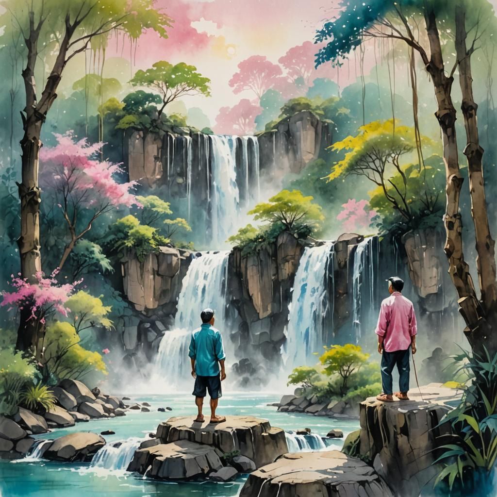Whimsical Waterfall Scene in Qing Dynasty Style