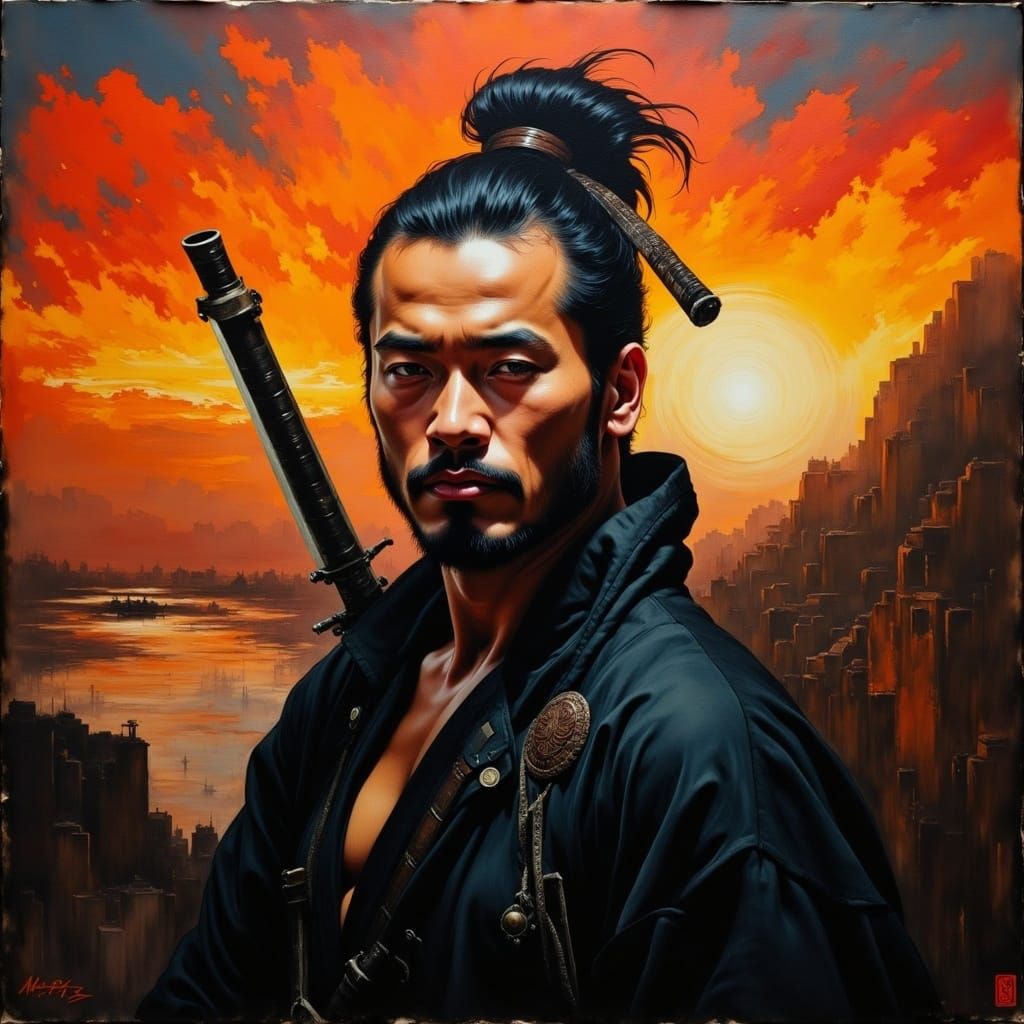 Maxfield Parrish, Gertrude Agnew, oil painting on sunset background, hyperrealistic asian samurai warrior, full length pose, textured oil pa...