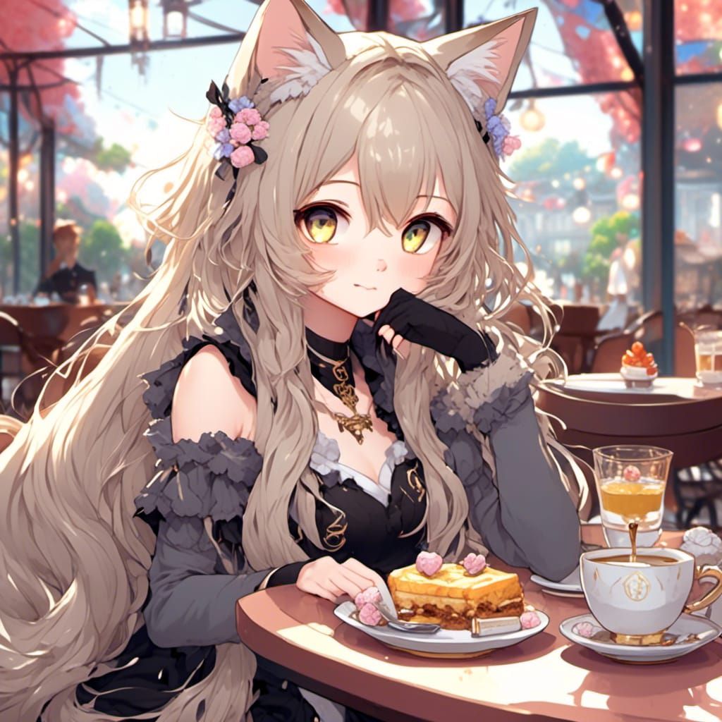 Beautiful, adorable, neko cat girl, with long blonde hair, pretty lil grey  cat ears, sitting at a cafe, drinking tea, adorable, nijii, color... - AI  Generated Artwork - NightCafe Creator