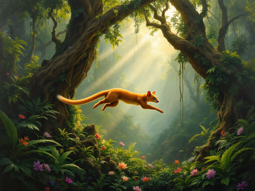 A jumping Kinkajou in the rainforest