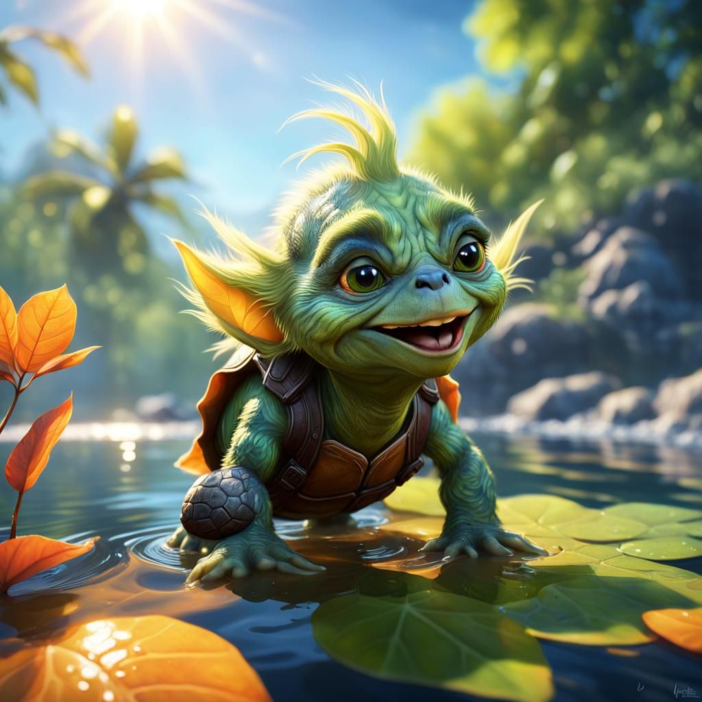 Baby  Grinch playing with a turtle, realistic, sunshine, lakeside