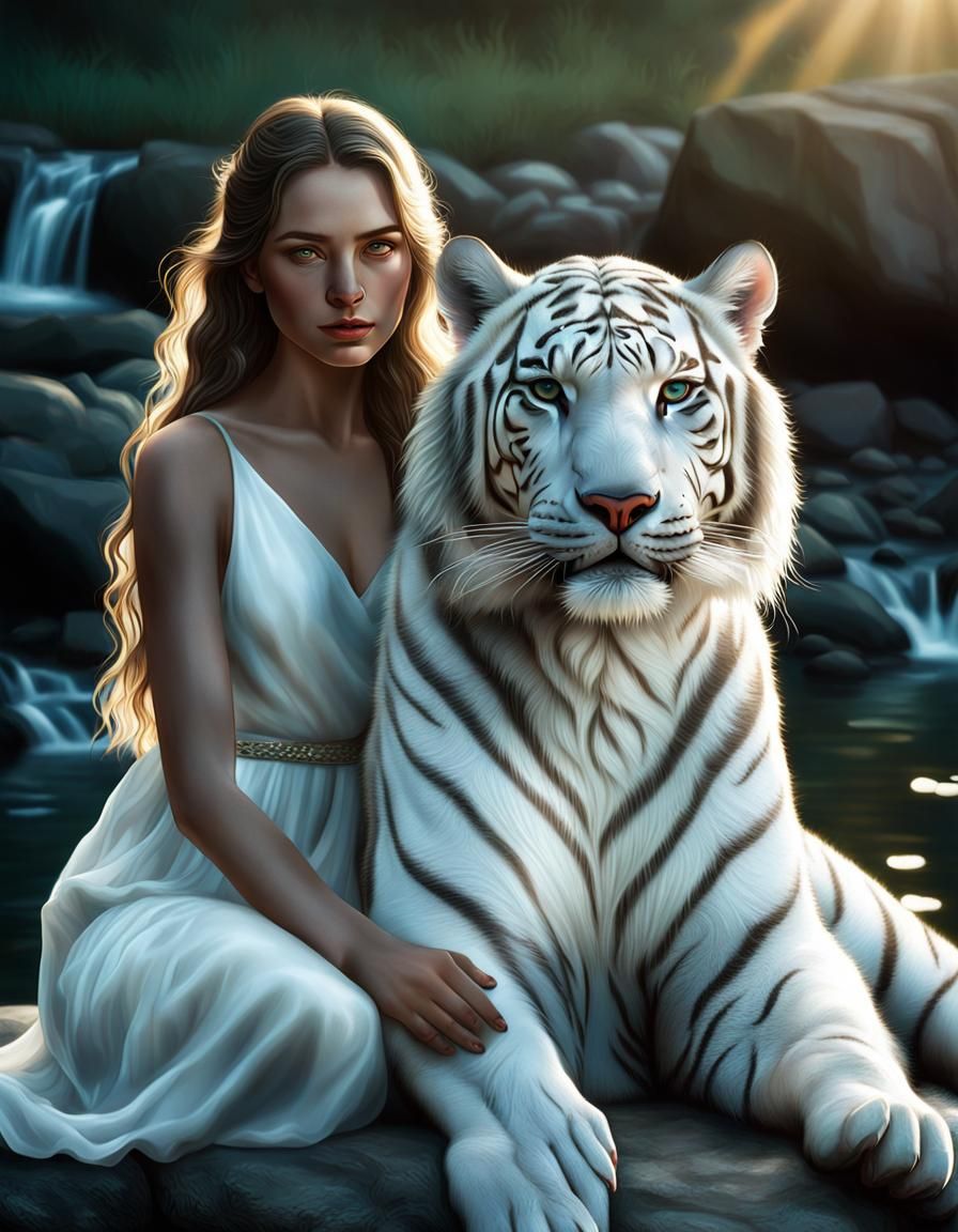a beautiful girl wearing a white dress sitting with her pet ...