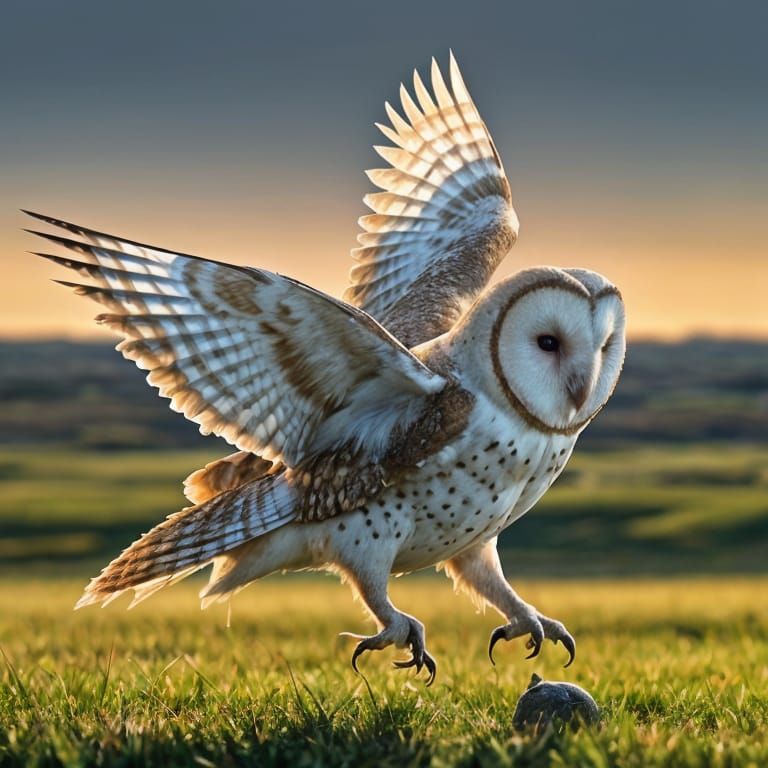 gorgeous barn owl, catching a rabbit, at dawn, sharp focus, ...